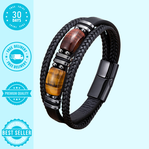 Yellow Red Stone - Black Braided Leather Bracelet